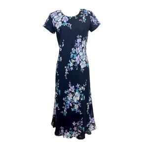 Women's Vintage Floral Maxi Dress Black Purple Blue Cottagecore Dark 4 Petite